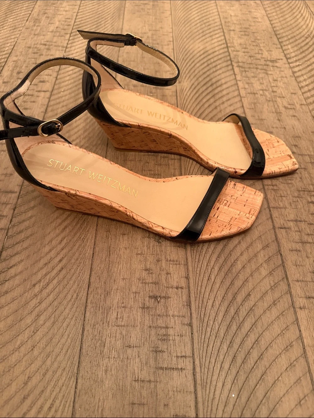 Stuart Weitzman Black Leather Ankle-Strap Cork Wedges